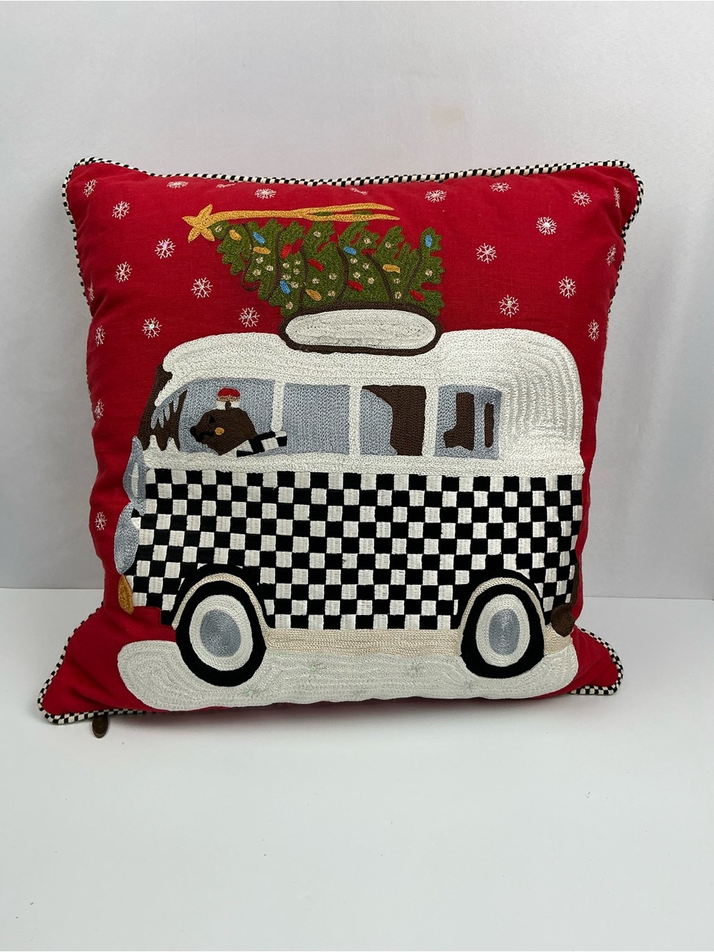 Festive Camper Holiday Accent Pillow - Red Camper with Tree